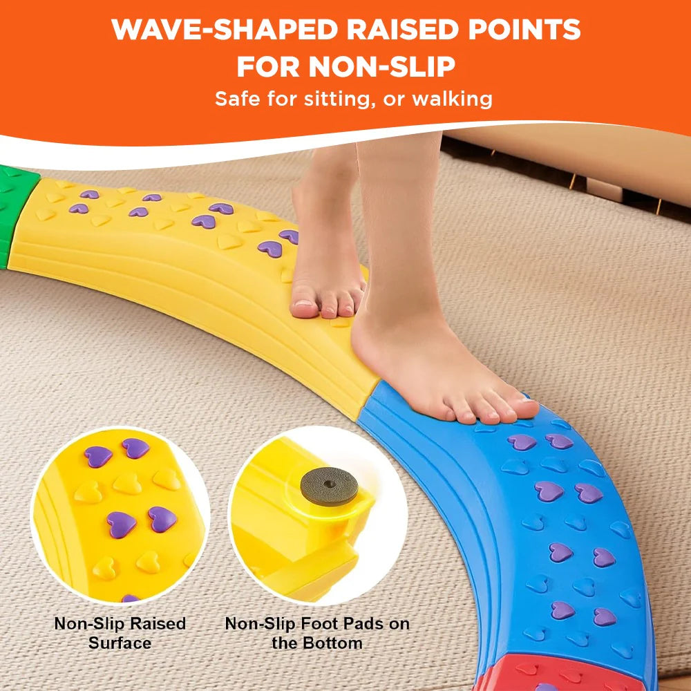 Ableys colorful curved plastic balance beams for kids motor skills showing child feet on non slip raised points