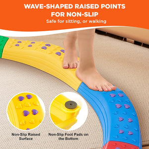 Ableys colorful curved plastic balance beams for kids motor skills showing child feet on non slip raised points