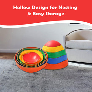 Ableys colorful hollow bowl sensory stepping stones for kids stacked and nested on living room rug by sofa