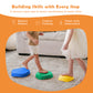 Two children stepping on blue green and yellow textured sensory stepping stones for kids on a living room carpet