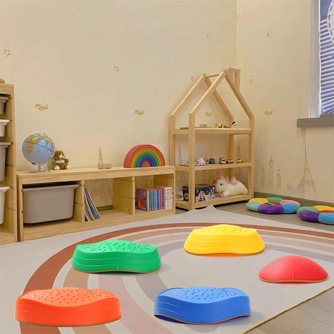 Ableys sensory stepping stones for kids in colorful textured shapes arranged on playroom rug