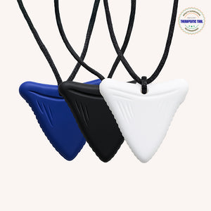 Ableys chewable necklace for sensory needs in blue black and white triangular pendants on black cords