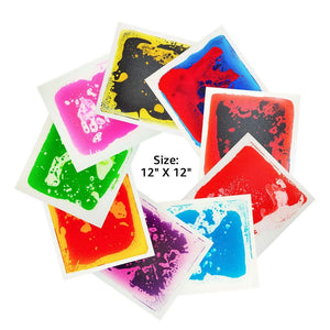 Ableys liquid motion sensory mat showing multiple colorful 12 by 12 inches square moving liquid panels