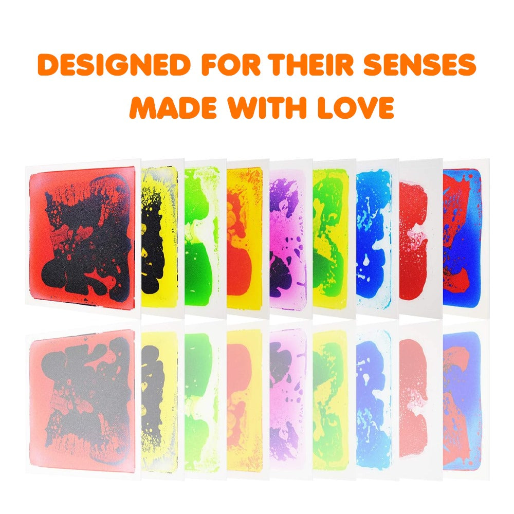 Ableys colorful liquid motion sensory mat display with multiple vibrant panels reflected on white surface
