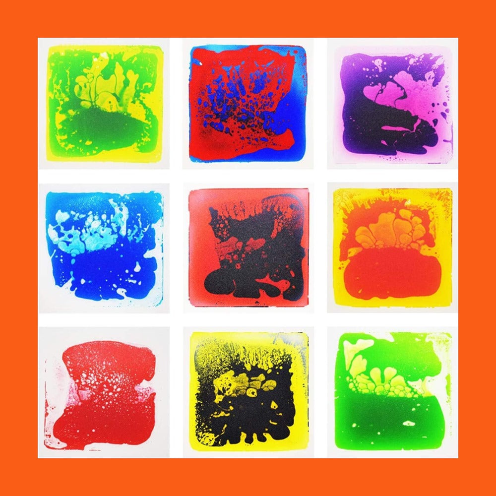 Ableys liquid motion sensory mat showing nine colorful square liquid panels for tactile visual stimulation