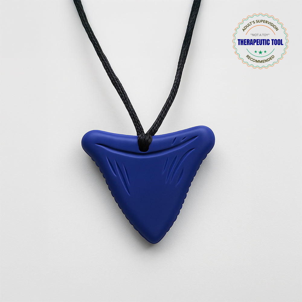 Ableys blue triangular chewable necklace for sensory needs pendant on black cord therapeutic tool