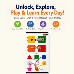 Latch & Lock Busy Board – Sensory Wall Panel with Shape Matching and Threading Practice