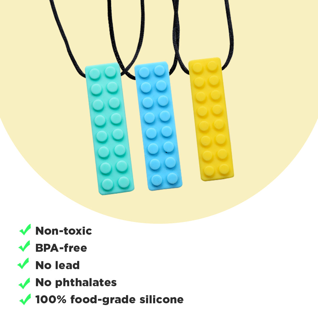 Ableys chewable necklace for sensory needs three food grade silicone brick pendants blue teal yellow