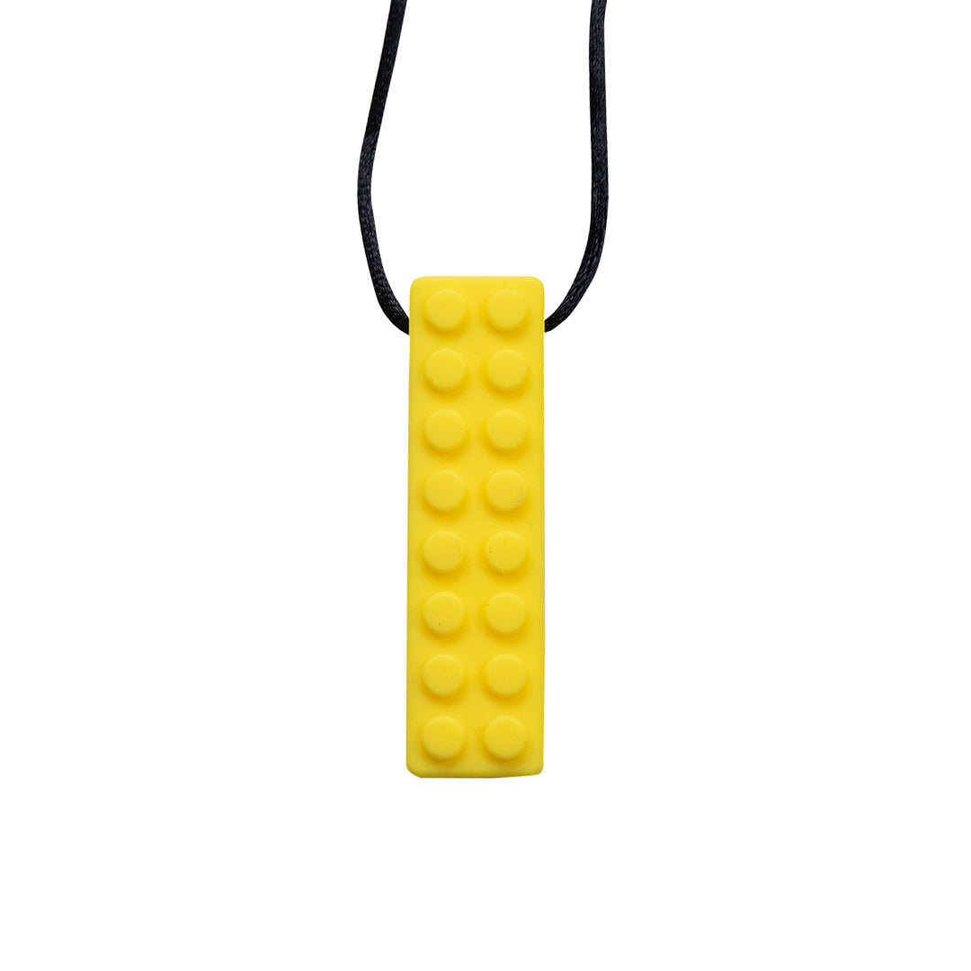 Ableys yellow silicone chewable necklace for sensory needs rectangular studded pendant on black cord