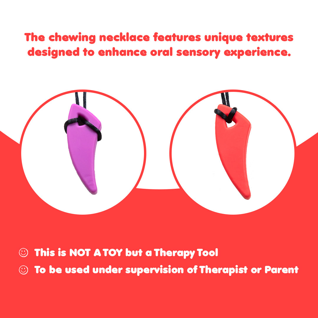 Ableys purple and red silicone saber tooth chew necklace for kids therapy tool with black cord