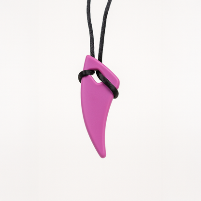 saber tooth chew necklace for kids Ableys purple silicone tooth pendant on black cord for teething