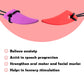 Ableys silicone purple and red saber tooth chew necklace for kids on cords shown with sensory and oral motor benefits