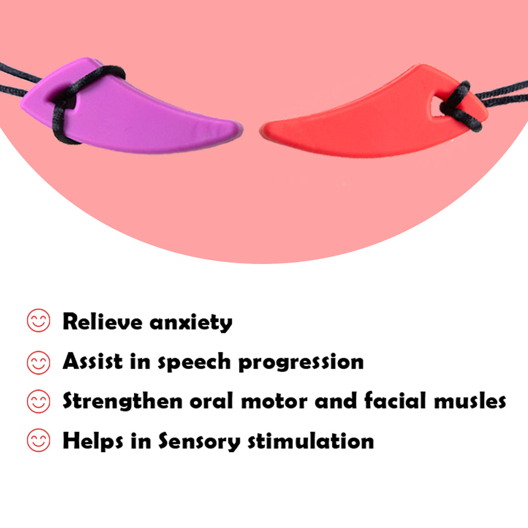 Ableys silicone purple and red saber tooth chew necklace for kids on cords shown with sensory and oral motor benefits