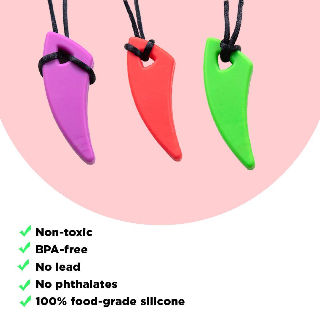 Ableys colorful silicone saber tooth chew necklace for kids in purple red and green BPA free teething pendant