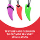 Ableys silicone saber tooth chew necklace for kids in purple red and green on black cords for sensory chewing