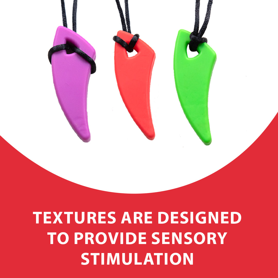 Ableys silicone saber tooth chew necklace for kids in purple red and green on black cords for sensory chewing