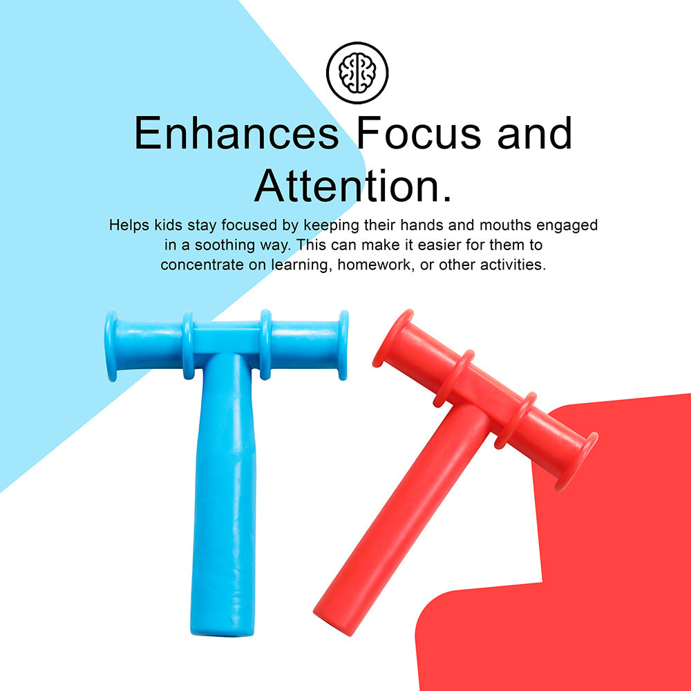 Ableys T shaped oral motor chew tool for sensory needs blue and red aids focus and attention