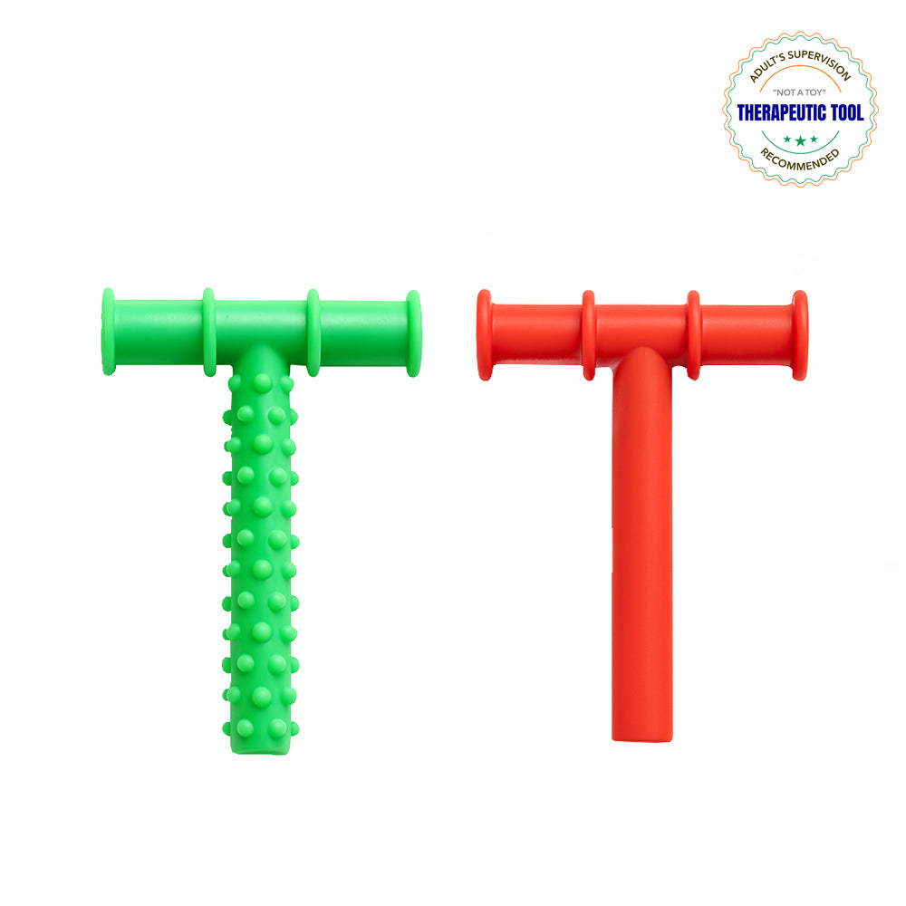 Ableys oral motor chew tool for sensory needs showing two T shaped silicone chews green textured and red smooth