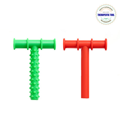 Ableys oral motor chew tool for sensory needs showing two T shaped silicone chews green textured and red smooth