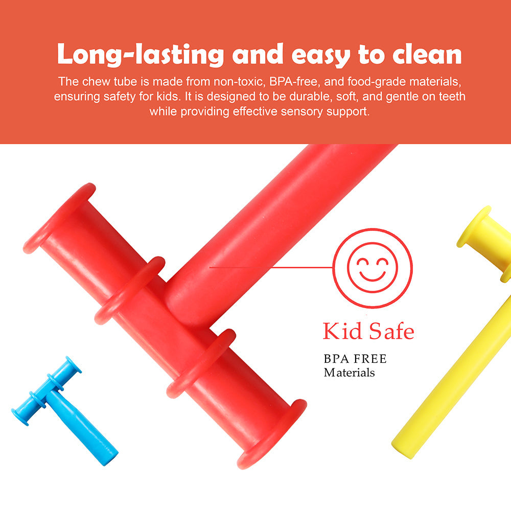 Ableys colorful silicone chew tubes on white background showing red blue and yellow pieces oral motor chew tool for sensory needs