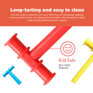 Ableys colorful silicone chew tubes on white background showing red blue and yellow pieces oral motor chew tool for sensory needs