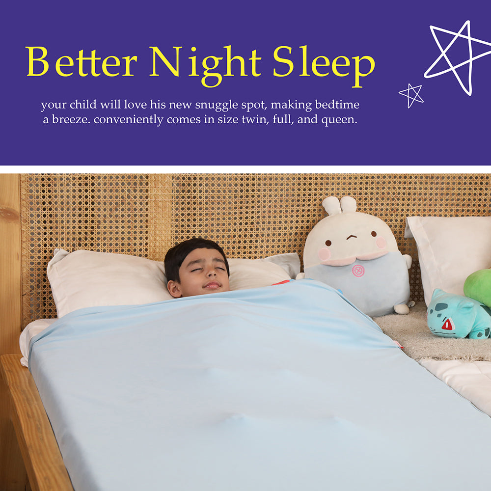 Ableys compression bed sheet for sensory needs light blue on twin bed with child sleeping and plush toys