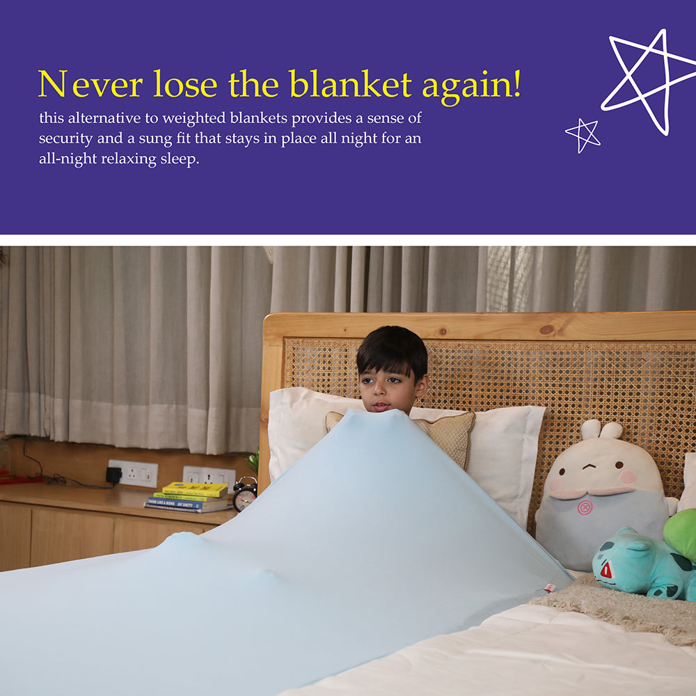 Ableys compression bed sheet for sensory needs on a child in bed light blue snug fit alternative to weighted blankets
