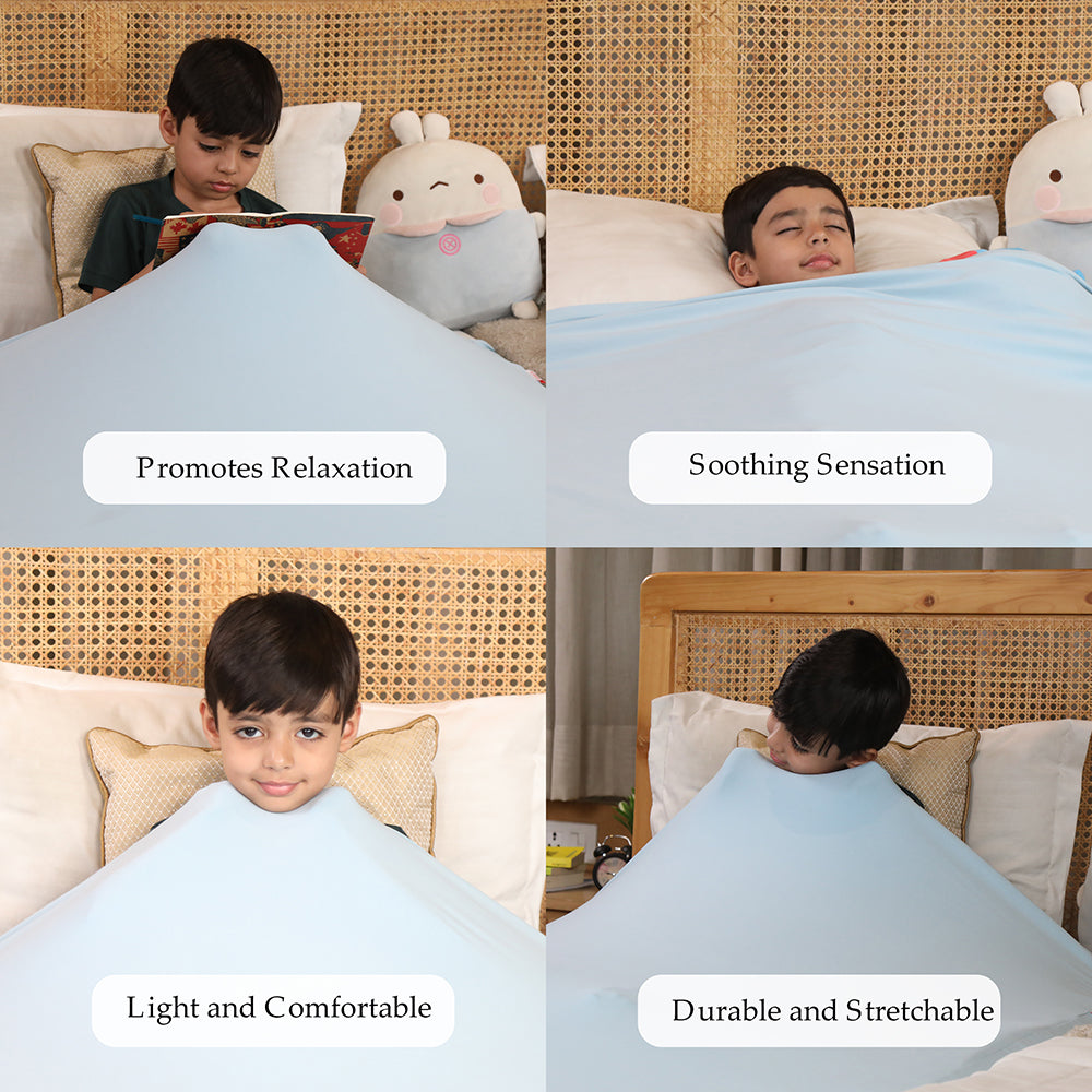 Ableys light blue compression bed sheet for sensory needs on a child promoting relaxation soothing stretchable comfort