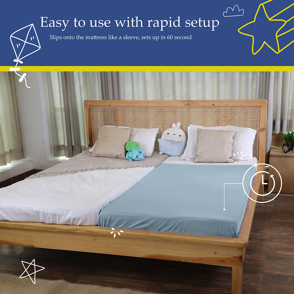 Ableys compression bed sheet for sensory needs blue fitted sleeve on mattress with plush toys