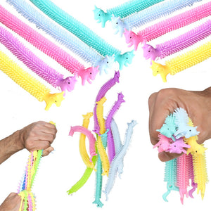 Ableys unicorn stretchy fidget strings pastel sensory toys shown stretched and squeezed by hands