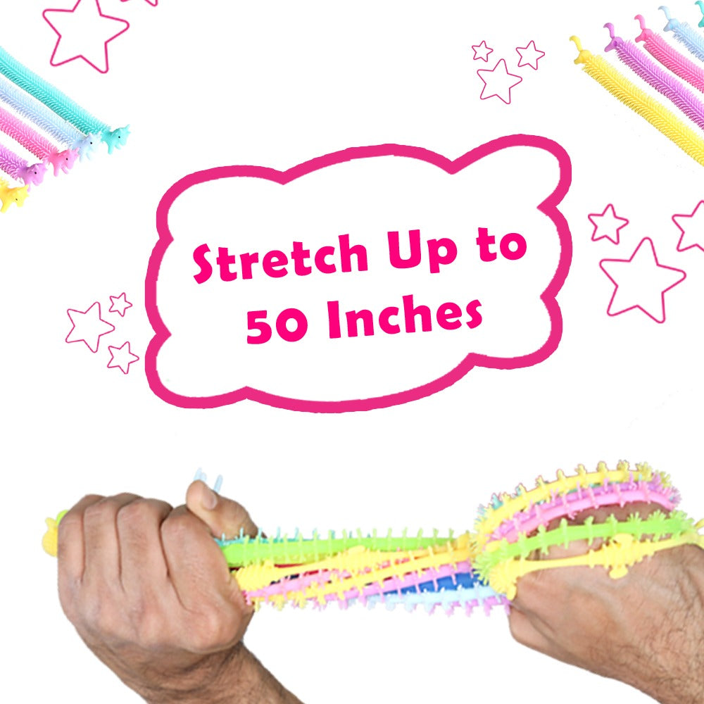 Ableys unicorn stretchy fidget strings pastel multicolor spiky tubes being stretched by hands showing 50 inch stretch