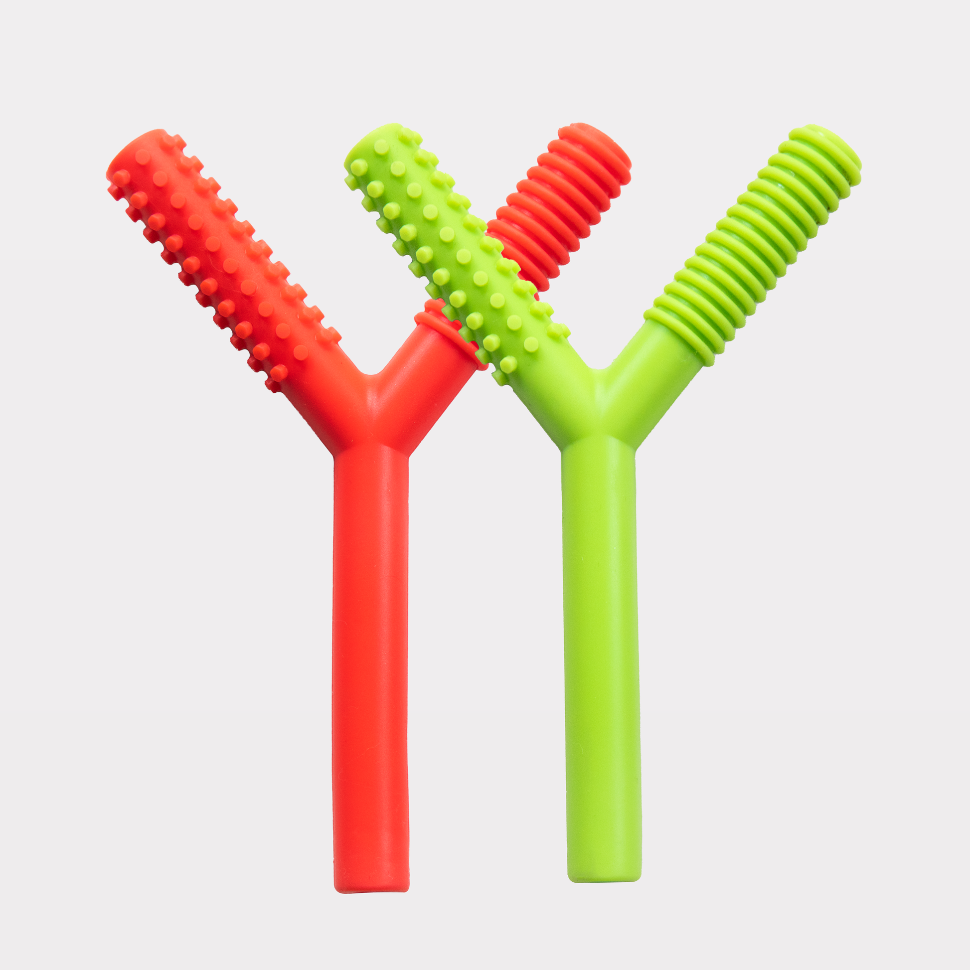 Ableys two Y shaped silicone oral motor chew tube for sensory therapy in red and green with textured tips