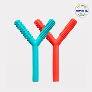 Ableys two Y shaped textured oral motor chew tube for sensory therapy in turquoise and red for biting