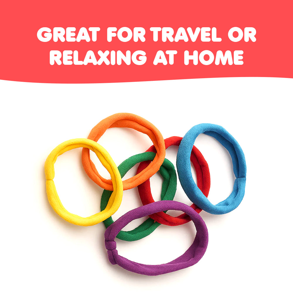 Ableys colorful fabric chewable chew bands for sensory needs shown as six soft stretch rings for travel and home