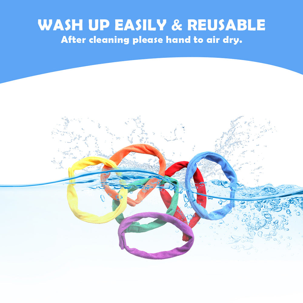 Ableys colorful washable reusable chewable chew bands for sensory needs shown in water splash indicating easy cleaning
