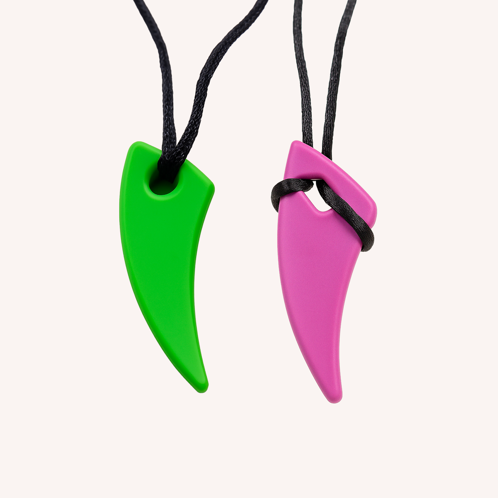 Horn shaped green and pink silicone chewable necklaces on black cords chewable necklace for sensory needs
