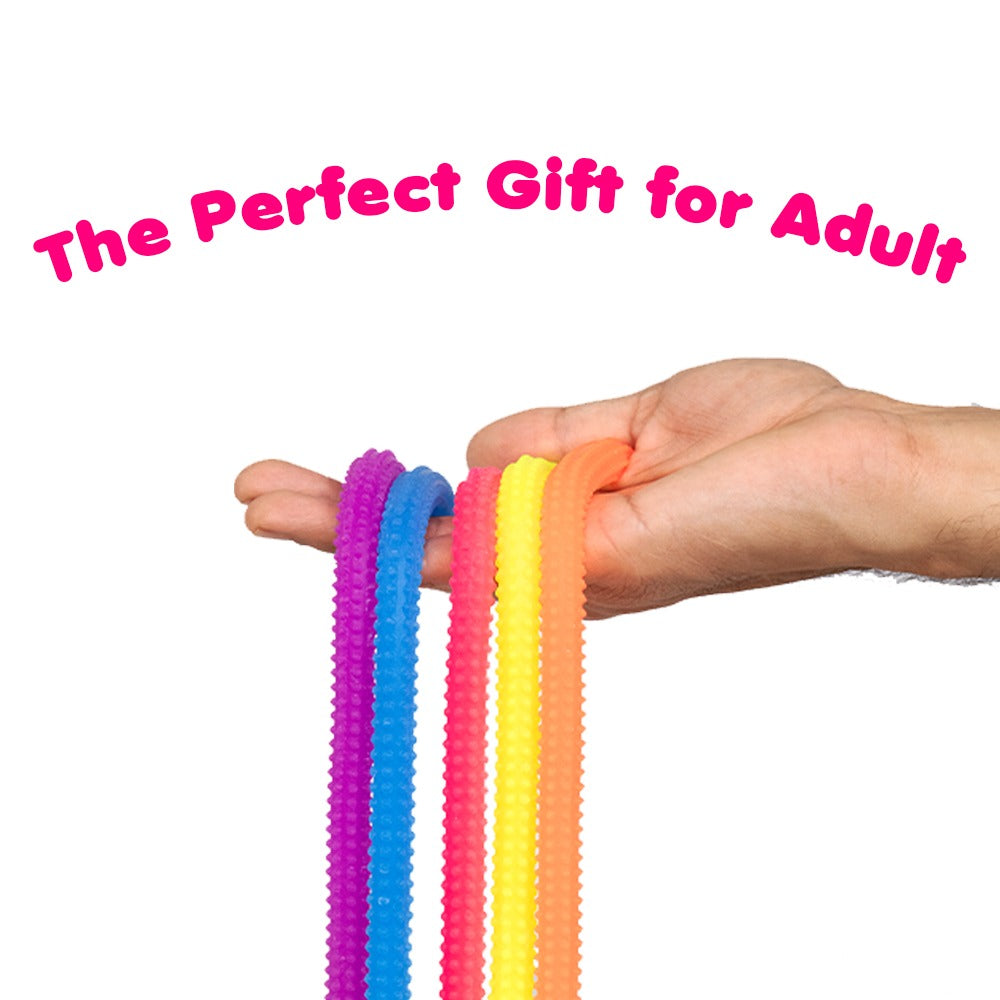 Ableys colorful stretchy fidget strings for sensory therapy held in an adult hand showing textured tactile tubes