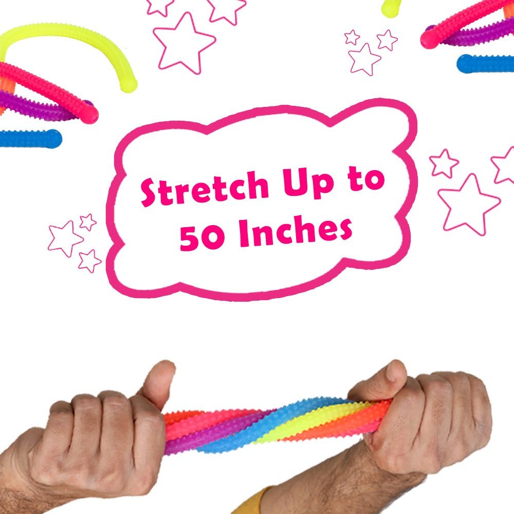 Hands stretching colorful braided stretchy fidget strings for sensory therapy Ableys toy showing stretch up to 50 inches