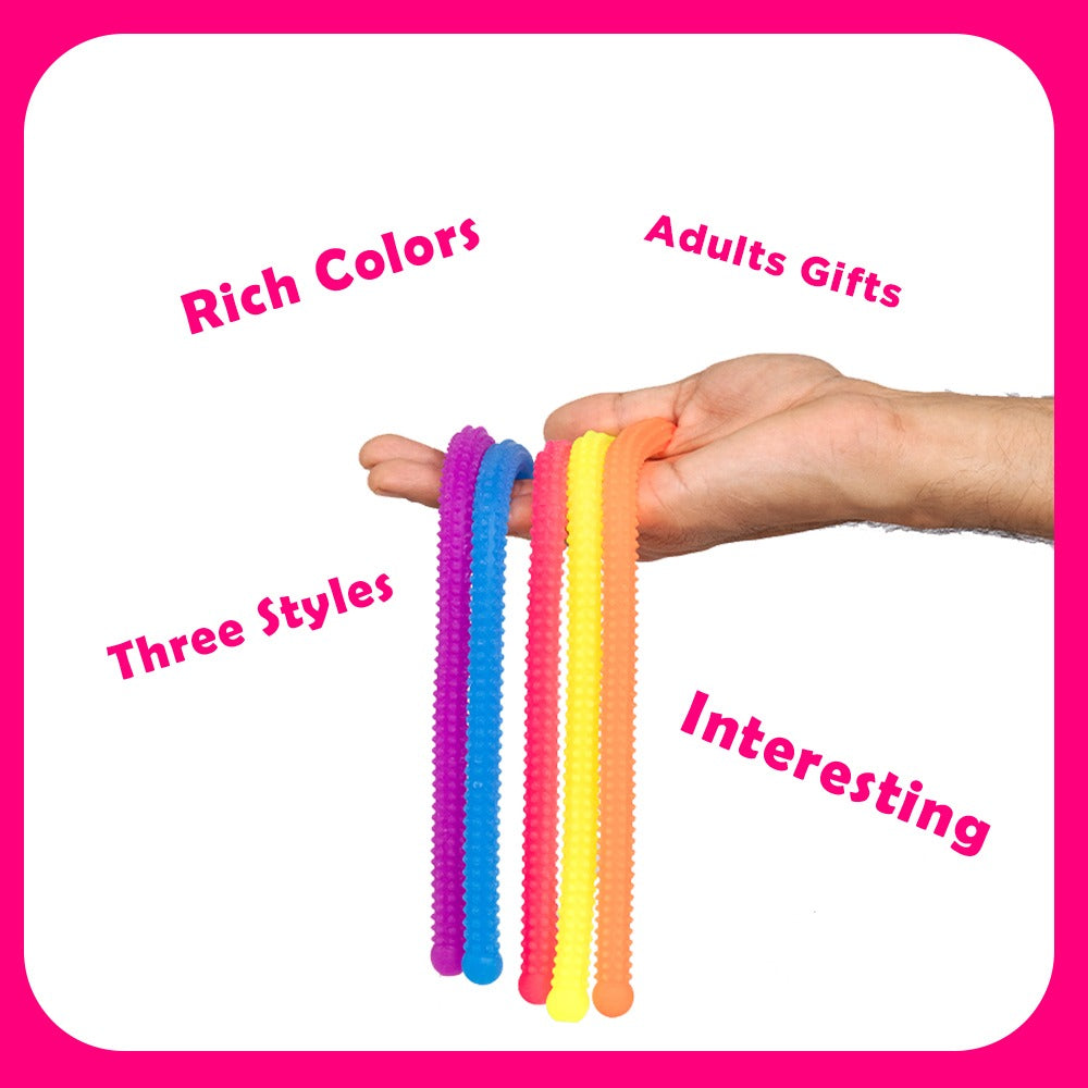 Ableys hand holding colorful textured stretchy fidget strings for sensory therapy in three styles