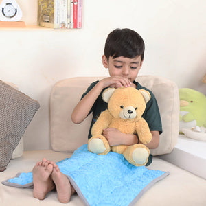 Ableys weighted lap pad for focus blue textured cover across a seated boy holding a teddy for calming