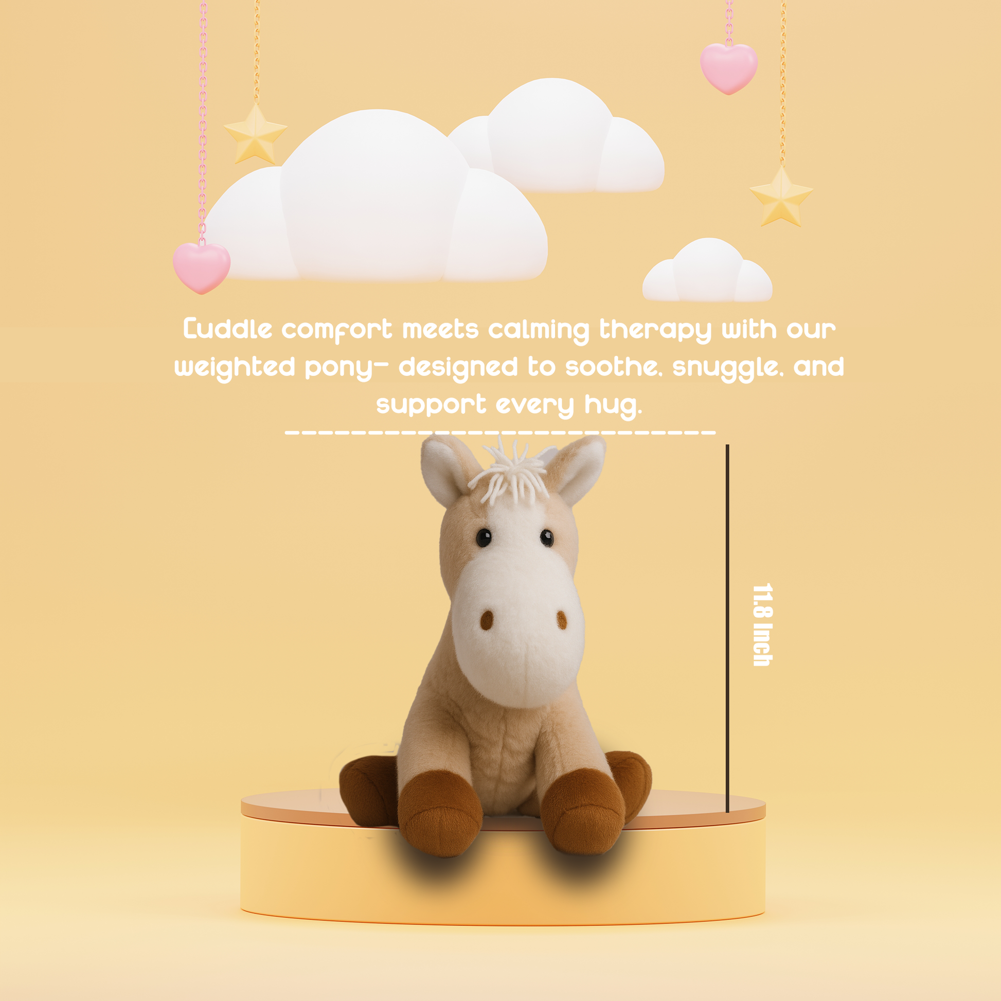 Ableys weighted plush for sensory calming beige pony on pedestal with hanging clouds hearts and size 11.8 inch