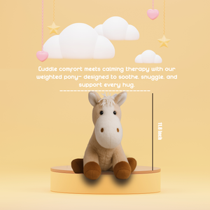 Ableys weighted plush for sensory calming beige pony on pedestal with hanging clouds hearts and size 11.8 inch