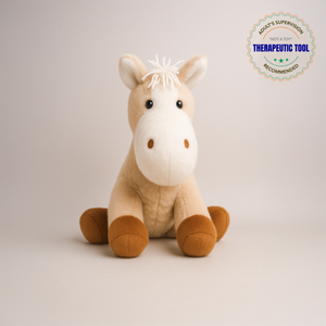 Ableys beige and brown horse stuffed toy weighted plush for sensory calming with soft fabric and therapeutic tool badge