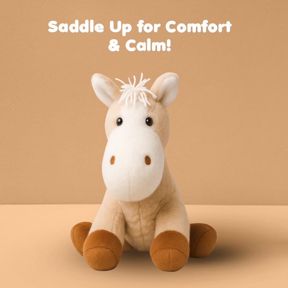 Ableys beige stuffed horse plush sitting on tan background weighted plush for sensory calming