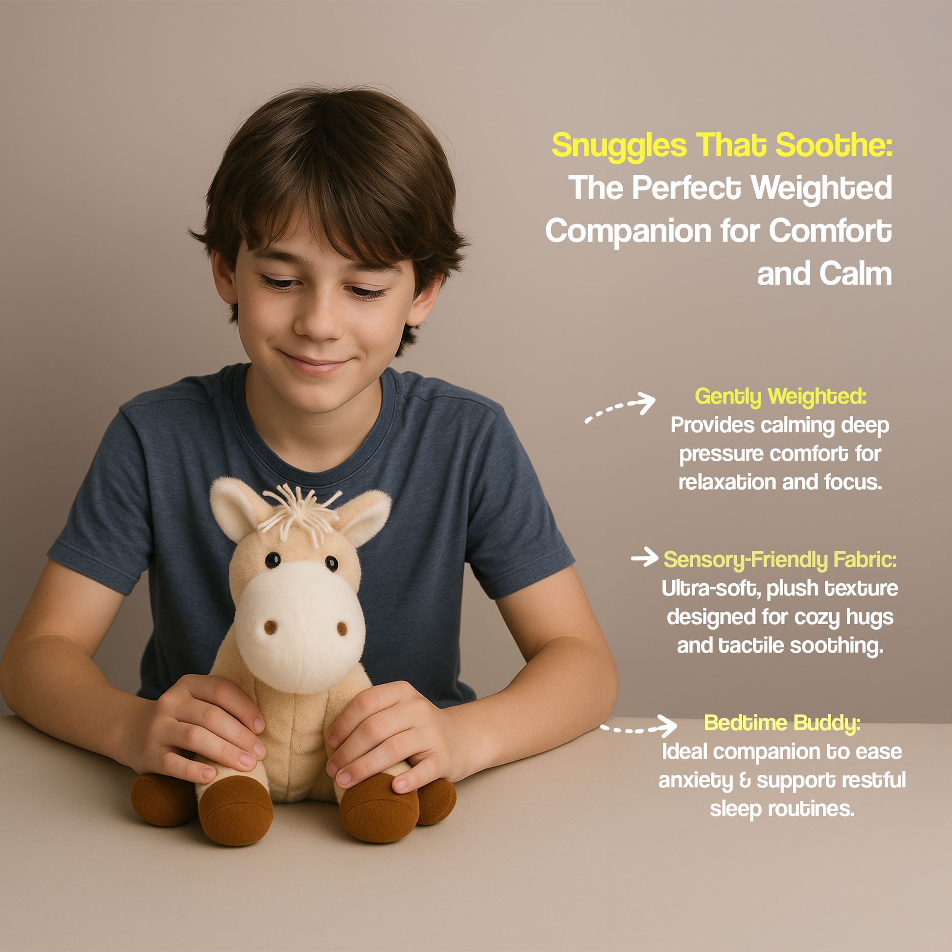 Ableys weighted plush for sensory calming horse toy held by smiling boy for soothing bedtime comfort