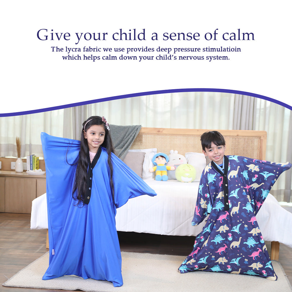 Ableys sensory body sock for kids in blue and dinosaur print worn by two smiling children providing calming deep pressure