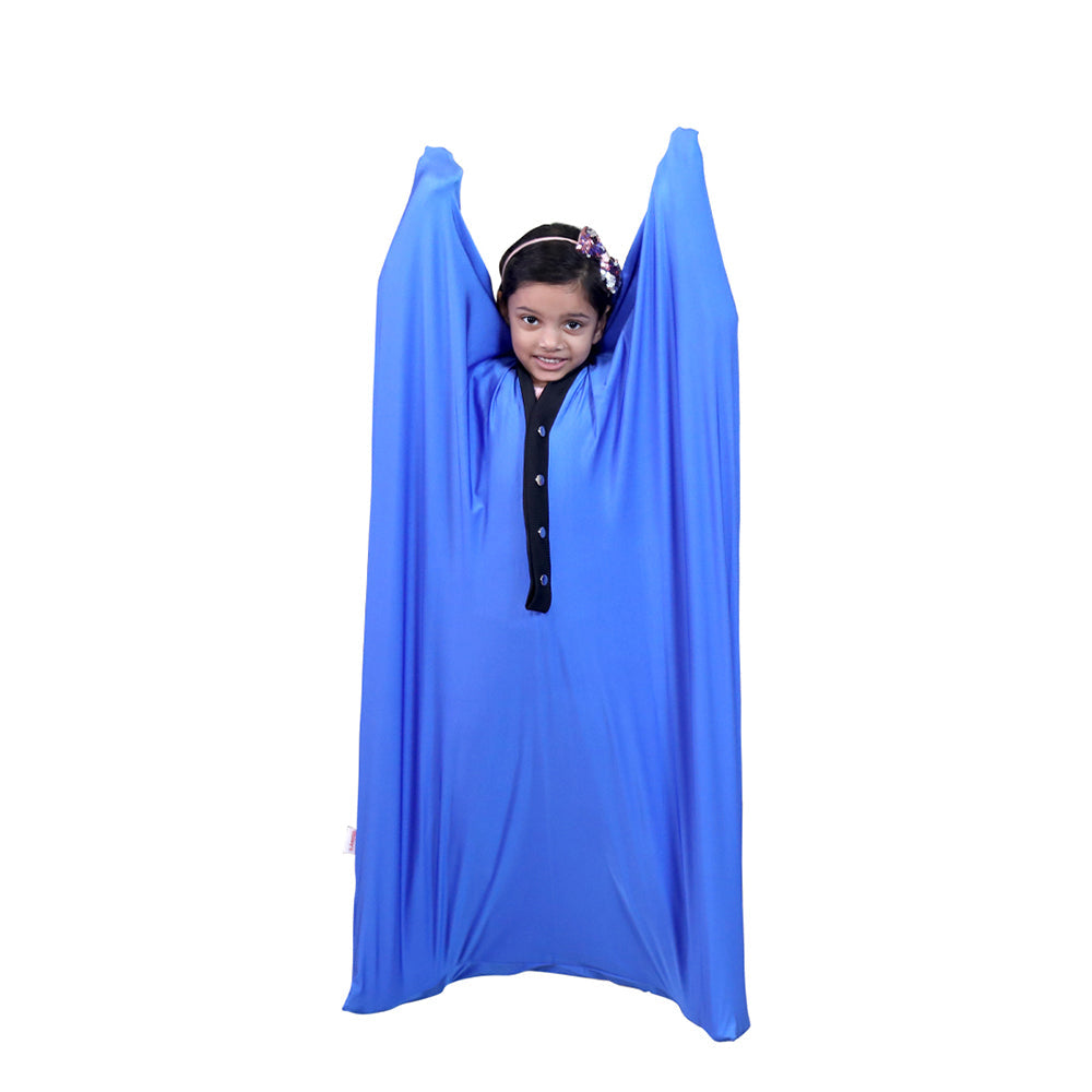 Ableys blue sensory body sock for kids with smiling girl standing and arms raised for calming deep pressure