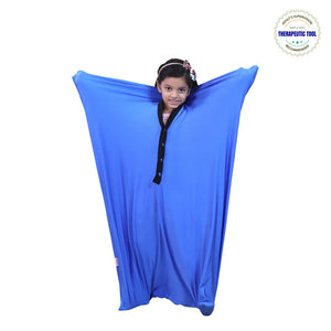 Ableys blue sensory body sock for kids with smiling girl stretching arms and calming deep pressure