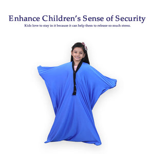 Ableys smiling girl wearing a blue sensory body sock for kids offering calming deep pressure