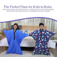 Two smiling children wearing Ableys sensory body sock for kids in a bedroom demonstrating deep pressure play